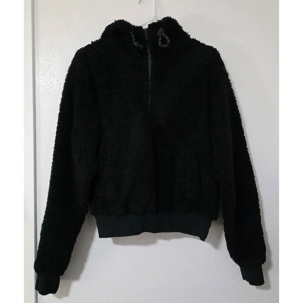 Lululemon Oh So Sherpa Half Zip Black Cotton Jersey Plush Fleece Teddy Jacket - Picture 2 of 9